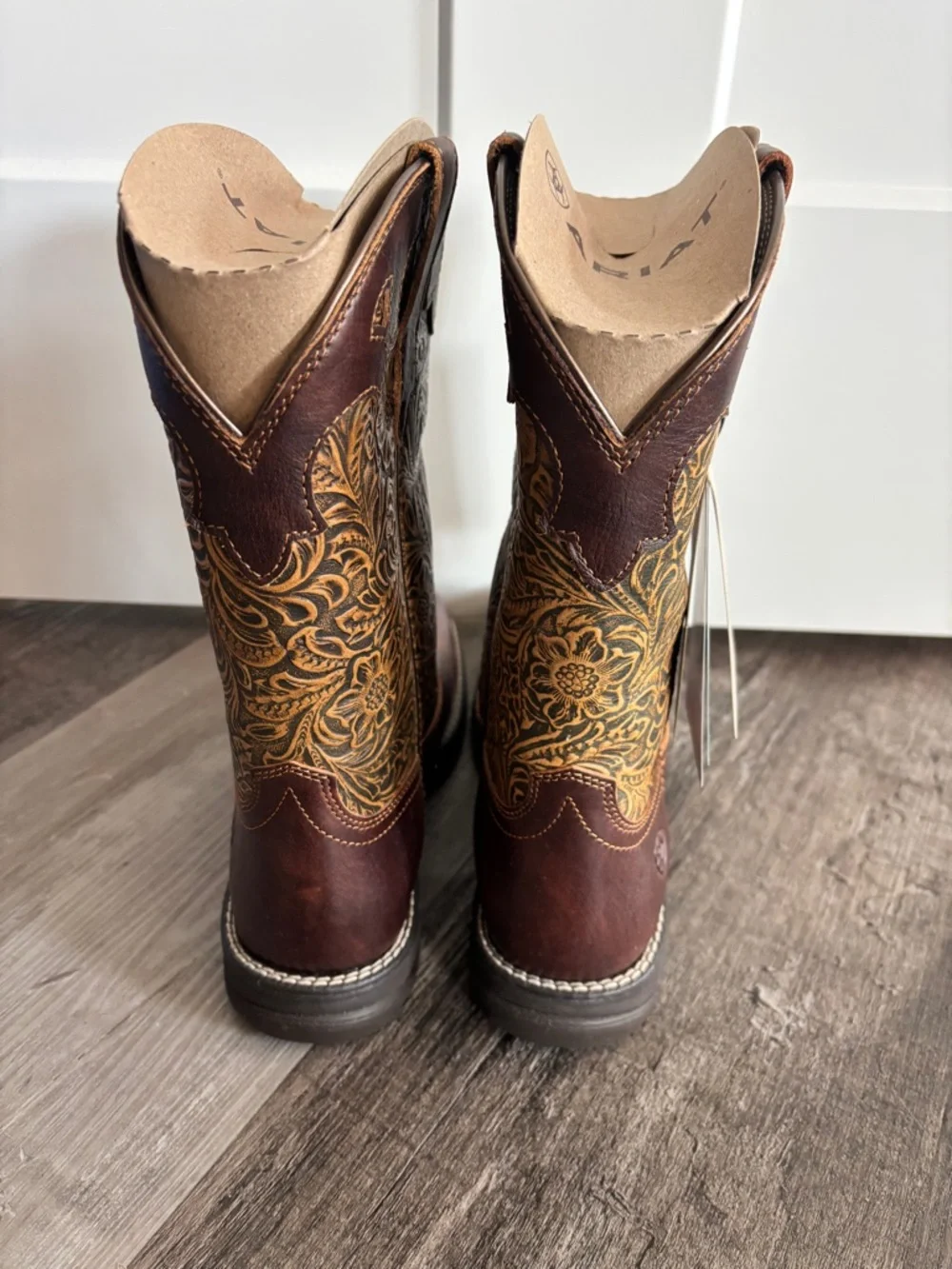 Ariat Dark Brown Leather Western Boots with Tan Embroidered Shaft - Picture 3 of 4